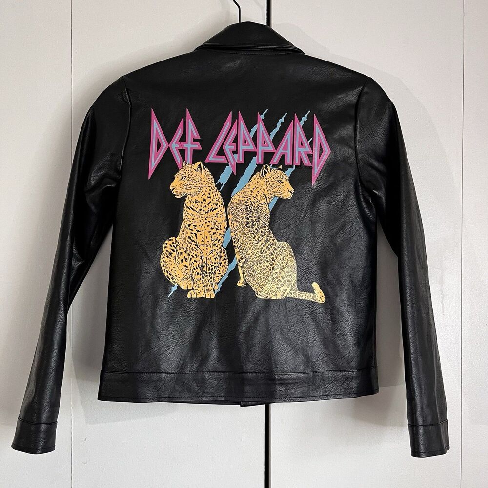 Def Leppard Kids Faux Leather Moto Jacket Size 10/12 Black Band Graphic Biker